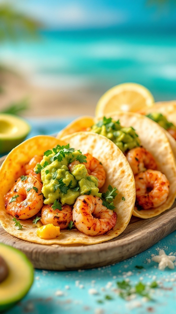 Zesty shrimp tacos with avocado salsa on corn tortillas