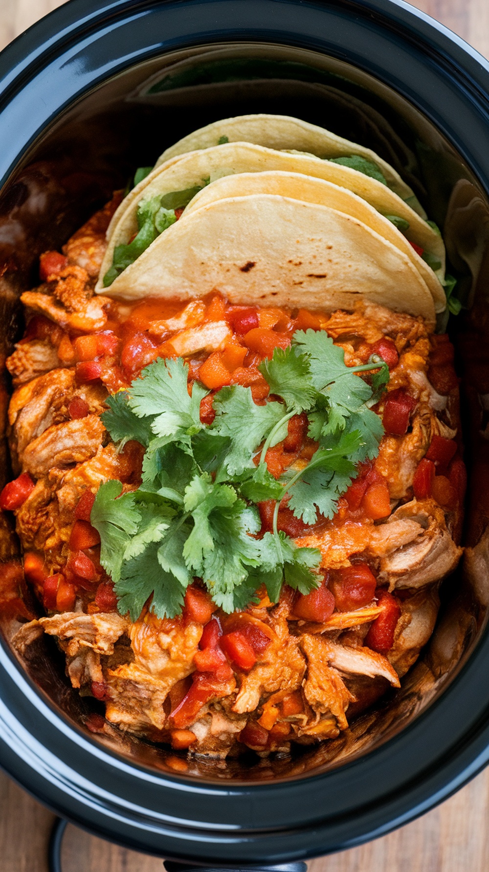 Crockpot filled with zesty taco chicken topped with cilantro and tortillas.