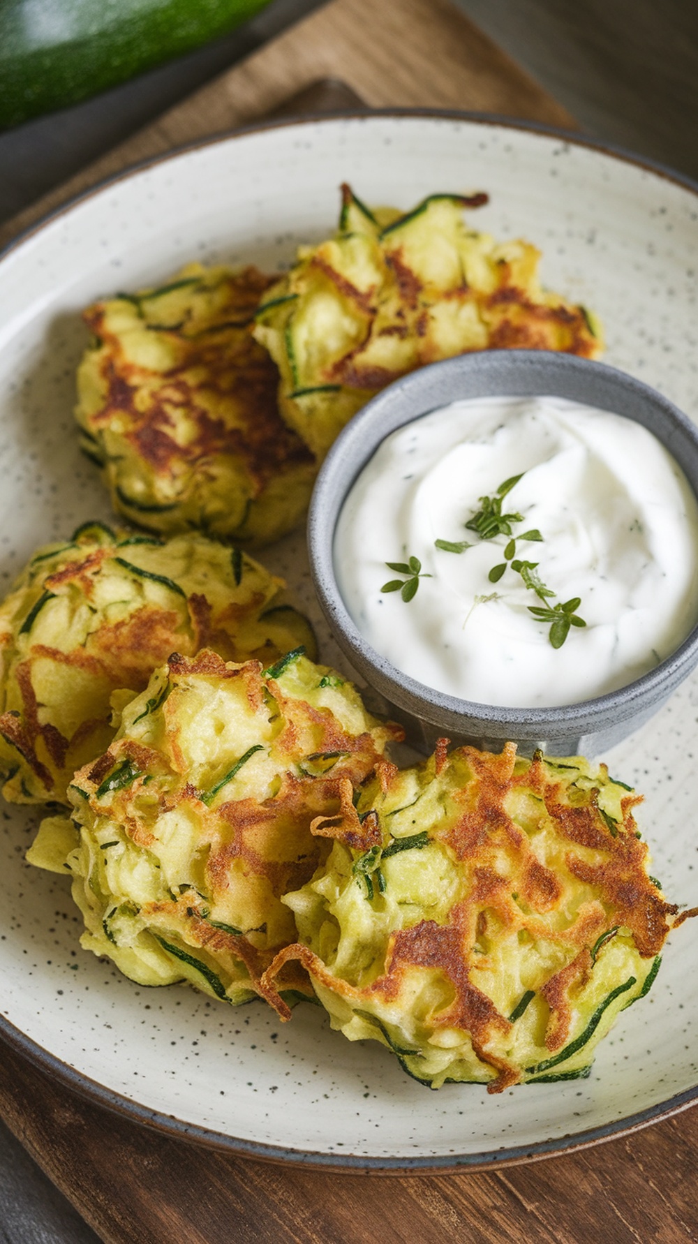 Delicious zucchini fritters served with a yogurt dip on a plate.