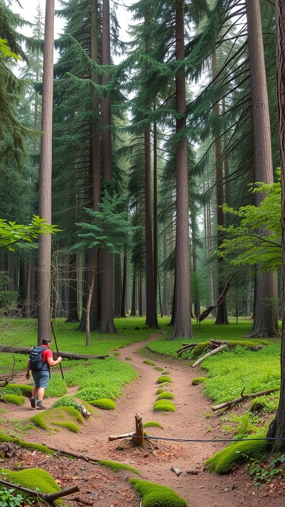 A person walking on a mossy path through a tall tree forest during summer.