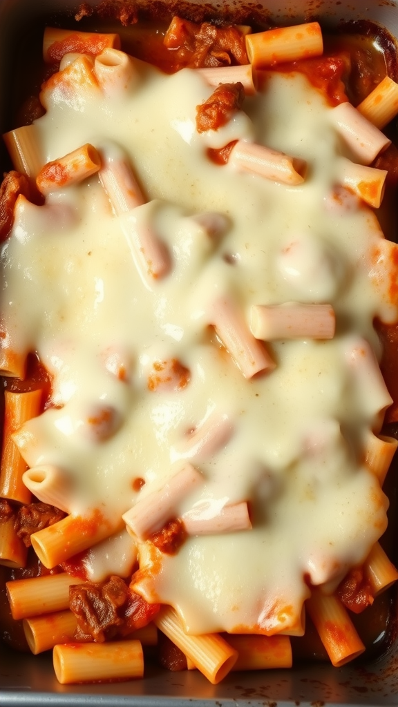 A delicious serving of baked ziti topped with melted mozzarella cheese.