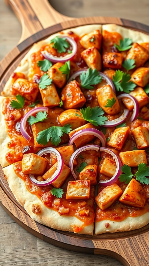 BBQ chicken pizza topped with cilantro and red onions