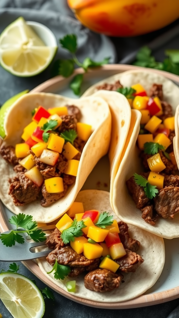 Delicious beef tacos topped with fresh mango salsa and cilantro