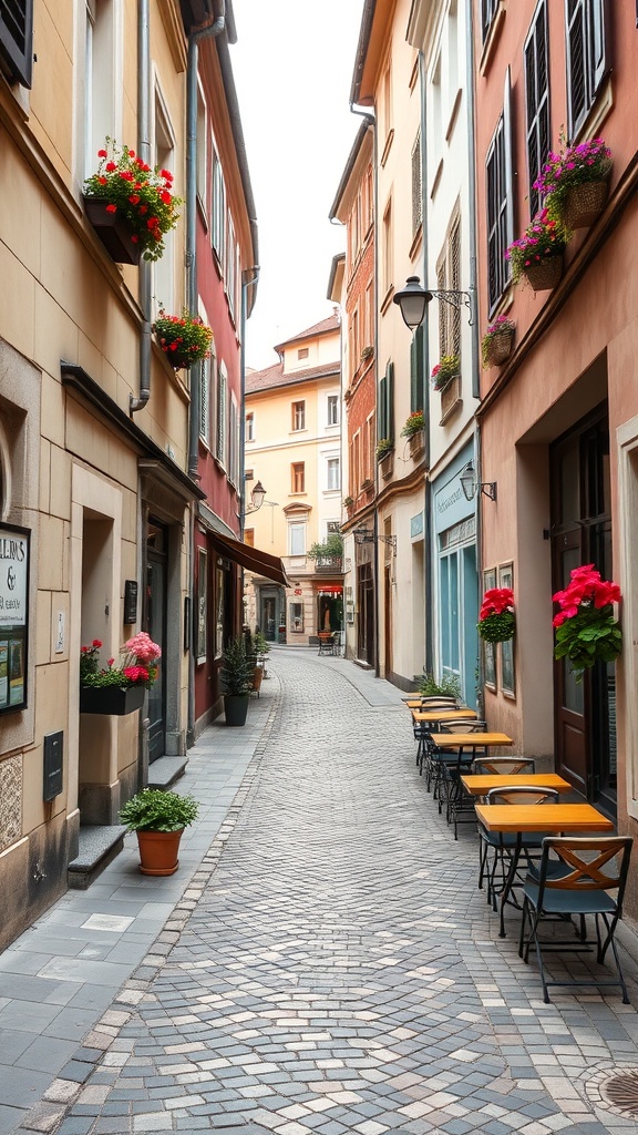 A charming European street lined with colorful buildings and flowers, featuring outdoor cafe tables.