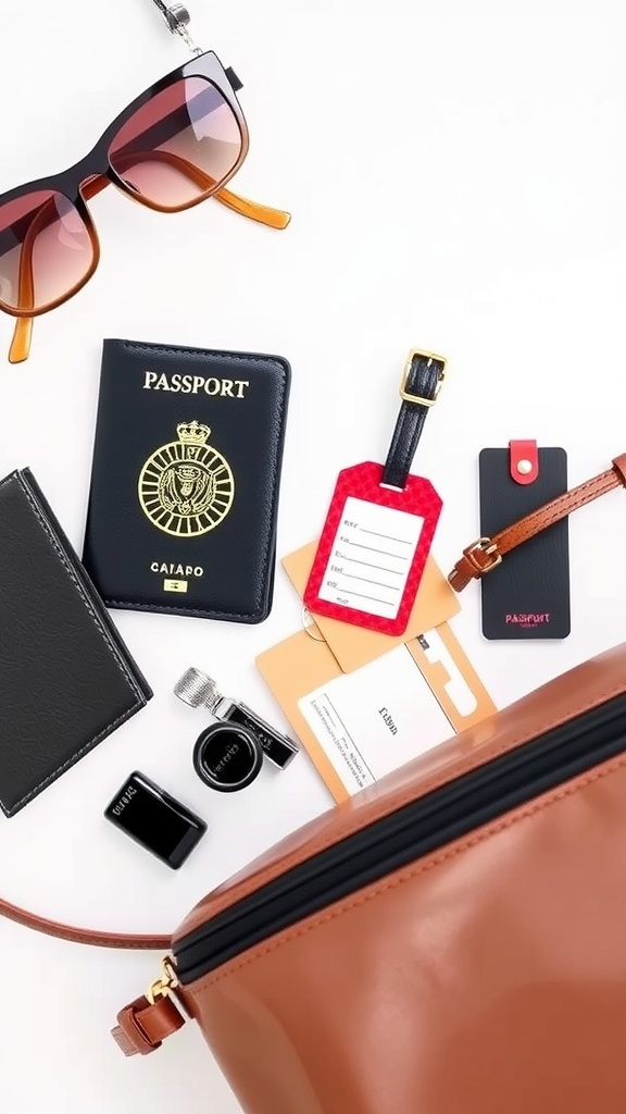 Flat lay of travel accessories including sunglasses, passport, luggage tags, and makeup