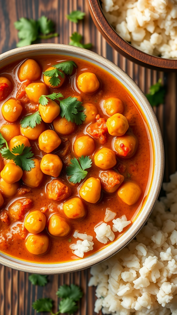 Chickpea curry with coconut milk served in a bowl with rice.