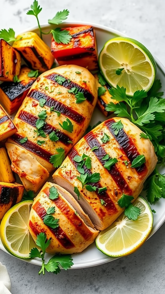 Grilled chicken breasts garnished with cilantro and lime slices