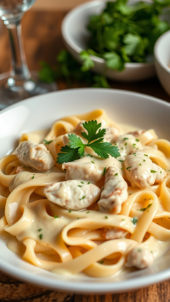 A plate of fettuccine pasta with creamy chicken Alfredo sauce garnished with parsley.
