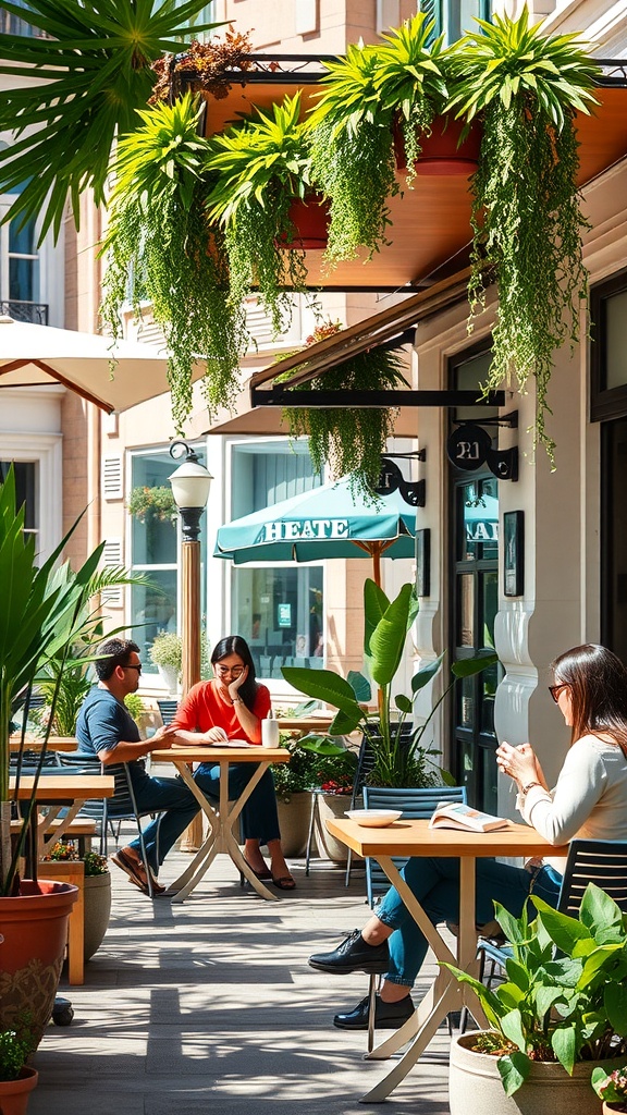 Cozy cafe with outdoor seating, vibrant plants, and people enjoying their time