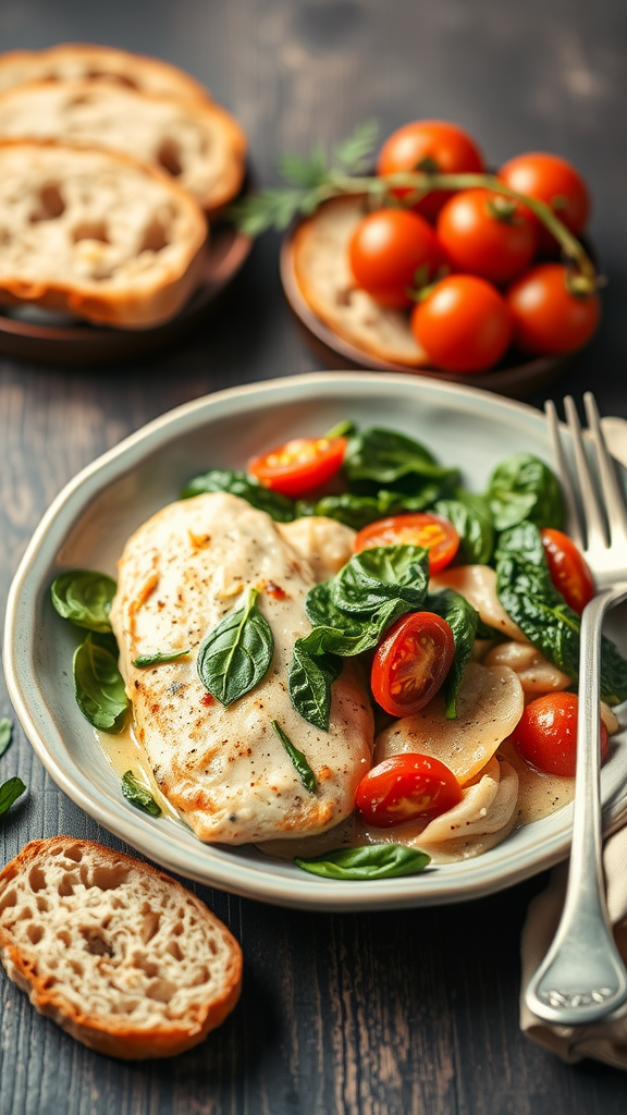 Creamy Garlic Tuscan Chicken served with spinach and tomatoes