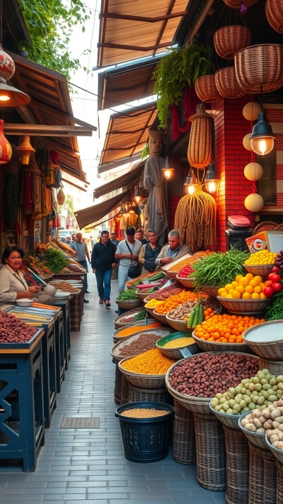 A vibrant local market with colorful displays of fruits, vegetables, and spices, with people engaging in shopping and conversation.