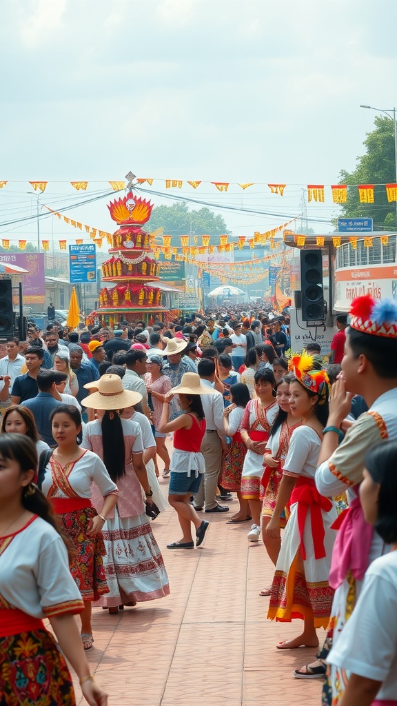 A lively cultural festival with people in traditional clothing celebrating in a busy street.