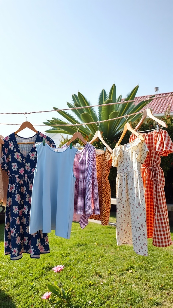 A collection of colorful summer dresses hanging on a clothesline against a sunny backdrop.