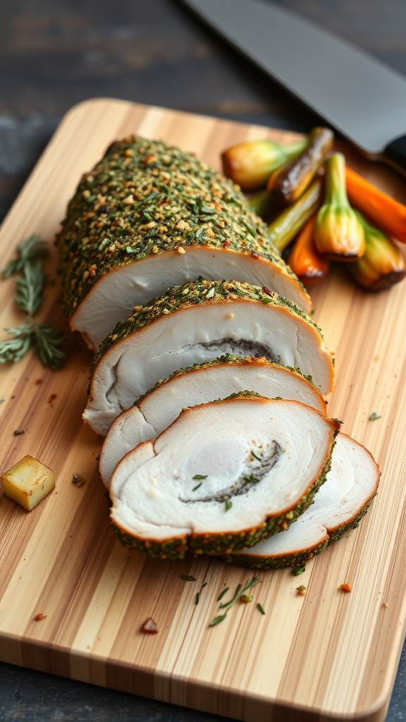 Sliced herb-crusted pork tenderloin on a wooden board