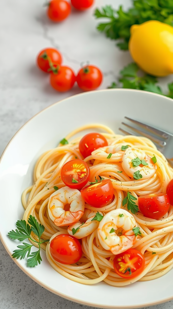 A plate of lemon garlic shrimp pasta with cherry tomatoes and parsley