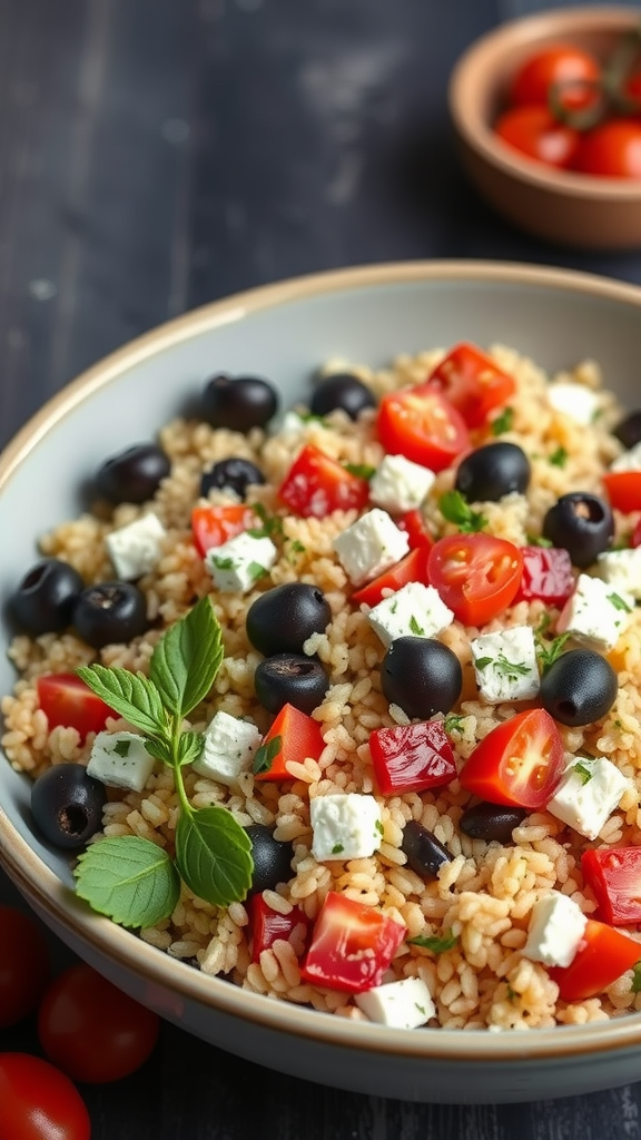 A colorful Mediterranean couscous salad with tomatoes, olives, and feta cheese.