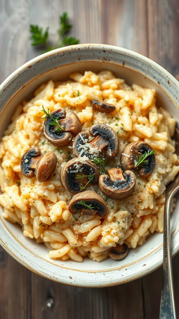 A bowl of creamy mushroom risotto topped with mushrooms and parsley.