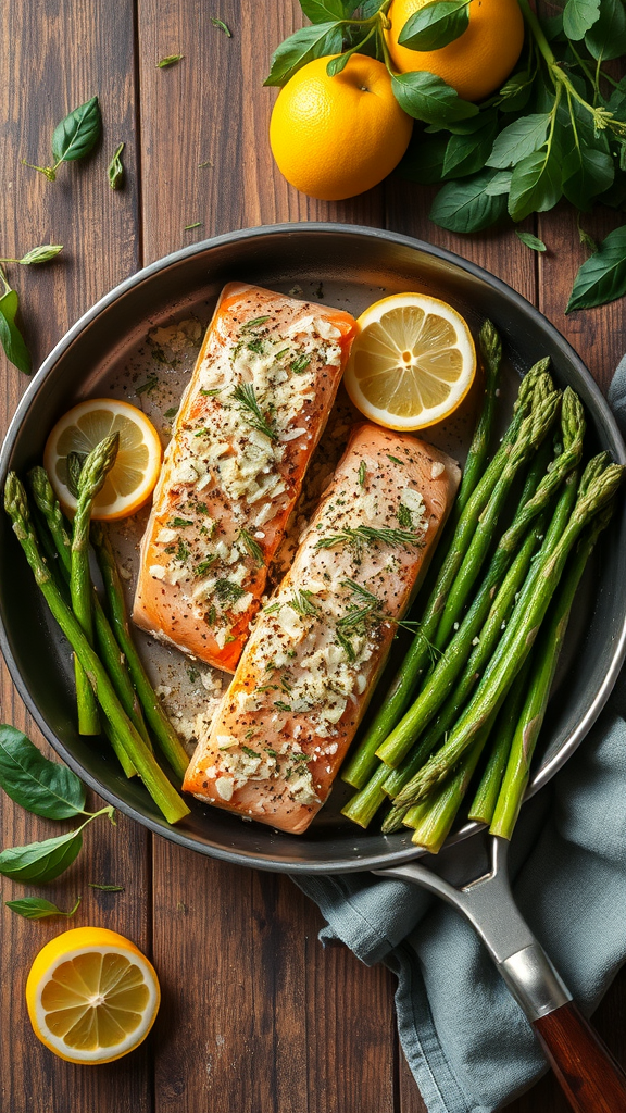 A one-pan meal featuring lemon herb salmon and asparagus with lemon slices.