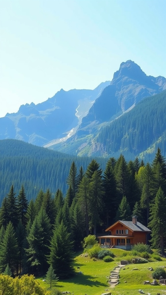 A scenic view of a wooden cabin amidst majestic mountains and lush greenery under a clear blue sky.