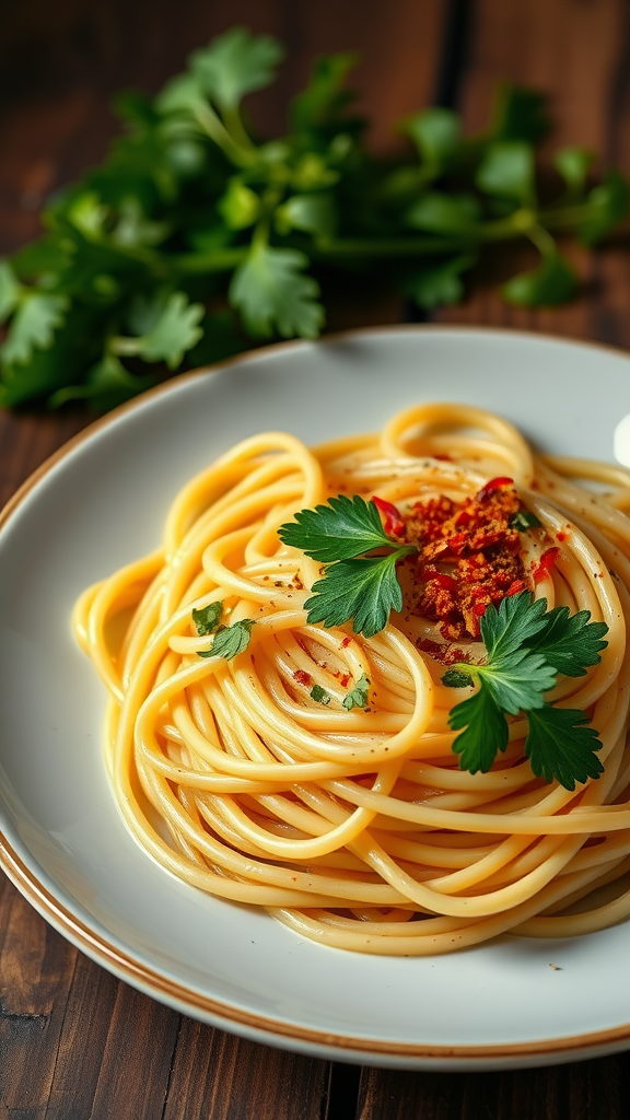 A plate of spaghetti aglio e olio garnished with parsley and red pepper flakes.
