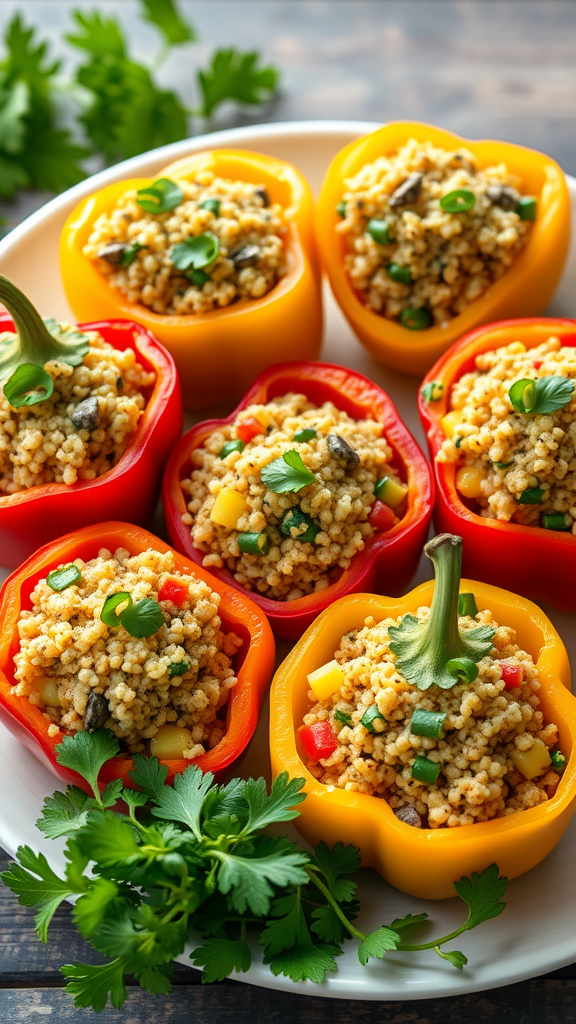Colorful stuffed bell peppers filled with quinoa, black beans, and corn, garnished with cilantro.