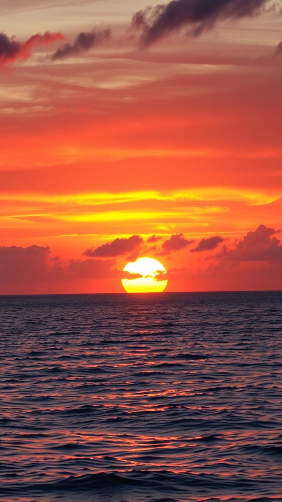 A breathtaking sunset over the ocean with vibrant orange and red hues lighting up the sky and reflecting on the water.