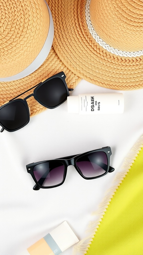 A flat lay of sunglasses, a straw hat, sunscreen, and a beach towel, representing tropical getaway essentials.