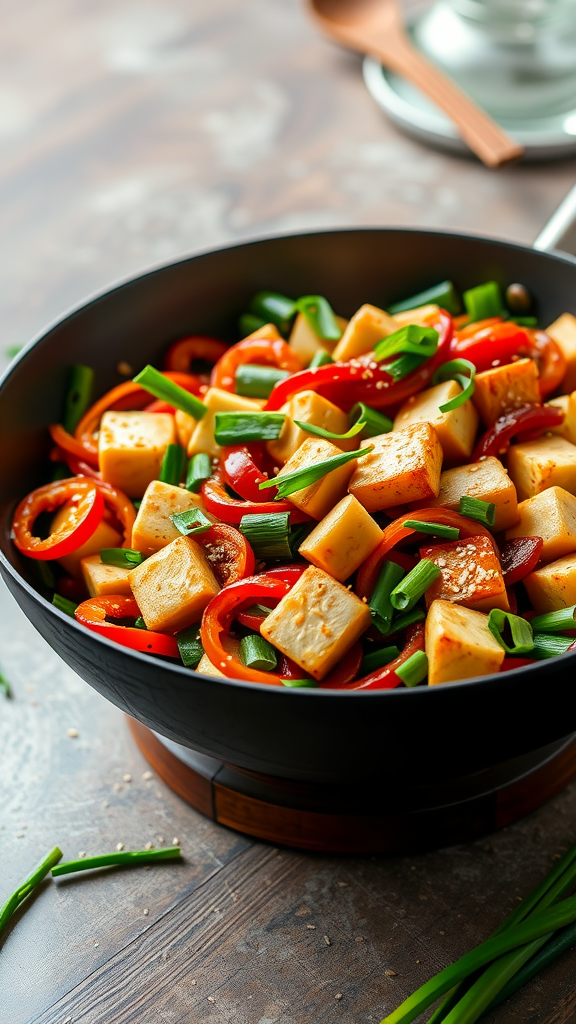 A colorful vegetable stir-fry with tofu, showcasing fresh vegetables like bell peppers and green onions.