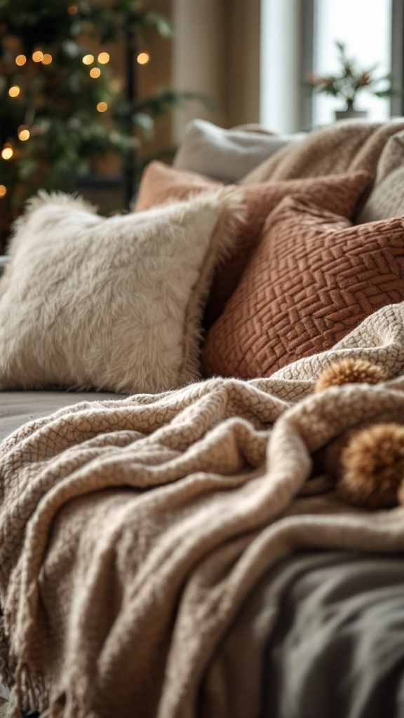 Cozy living room couch with soft pillows and a knitted throw blanket