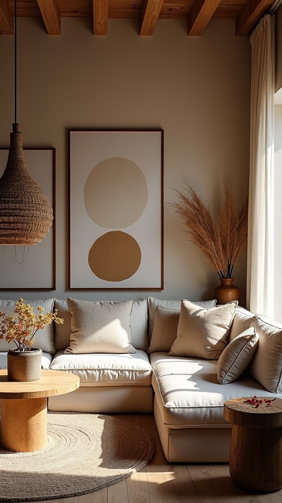Cozy living room with a sectional sofa, wooden coffee table, and decorative elements like vases and artwork.