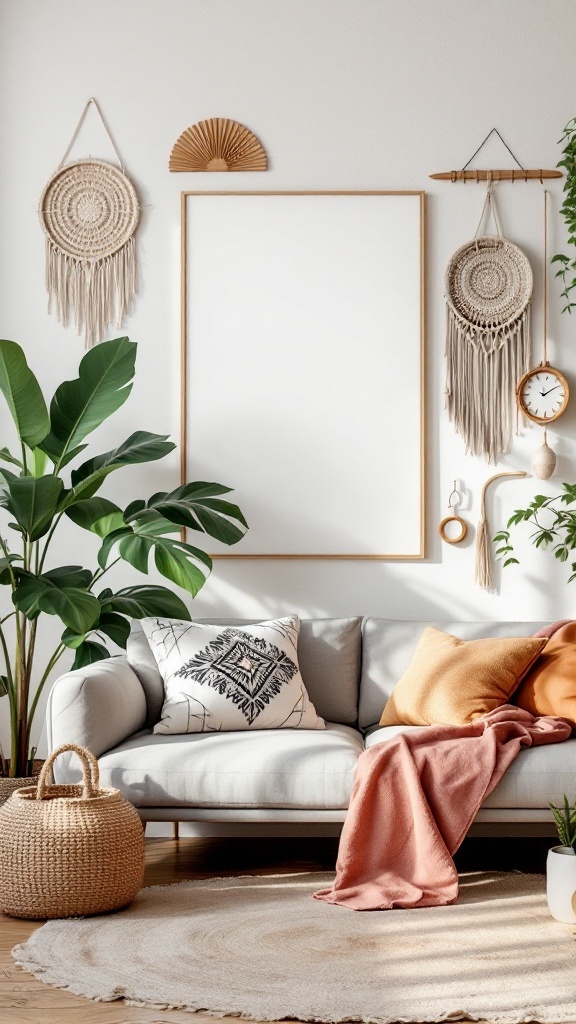 A stylish living room featuring artistic wall decor with woven hangings and a cozy sofa.