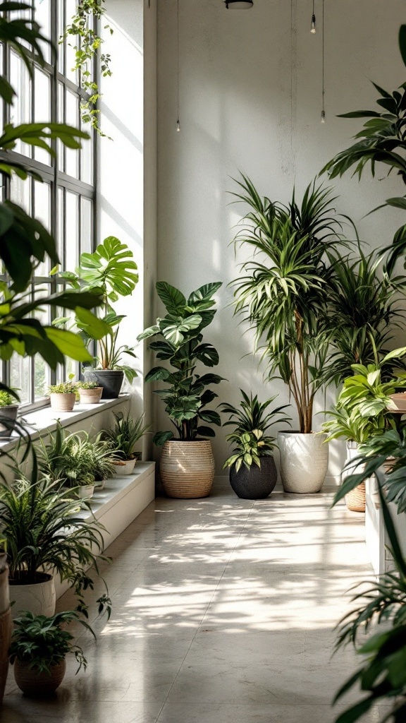 Indoor space filled with various plants and natural light.