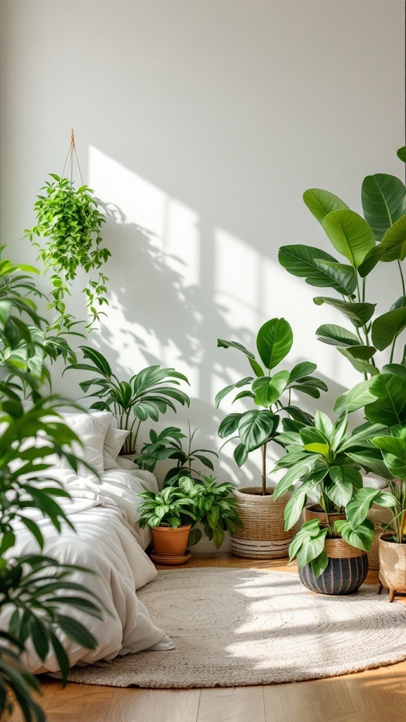 A cozy bedroom with various plants, including a hanging plant and potted plants, creating a serene and inviting atmosphere.