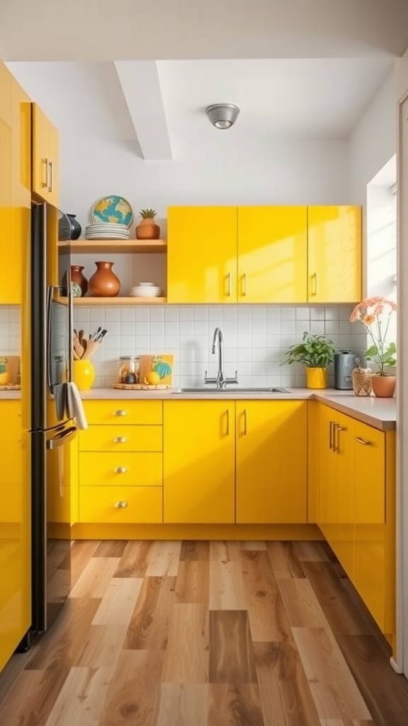 Small kitchen with bright yellow cabinets and wooden flooring.