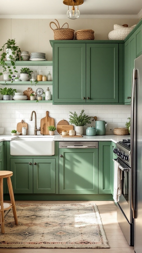 A kitchen featuring green cabinets, open shelves with dishware, and natural decor elements.