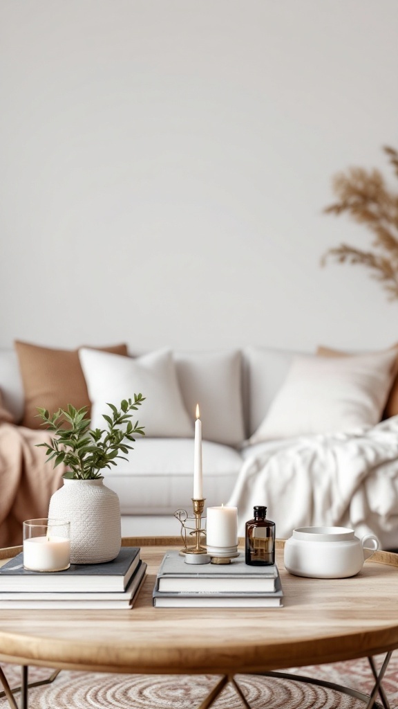 Chic coffee table styled with books, candles, and a plant in a cozy living room