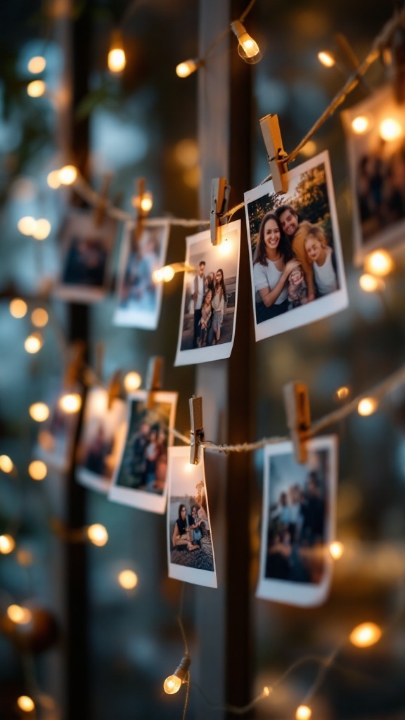 A cozy display of photos clipped to a string with warm fairy lights.