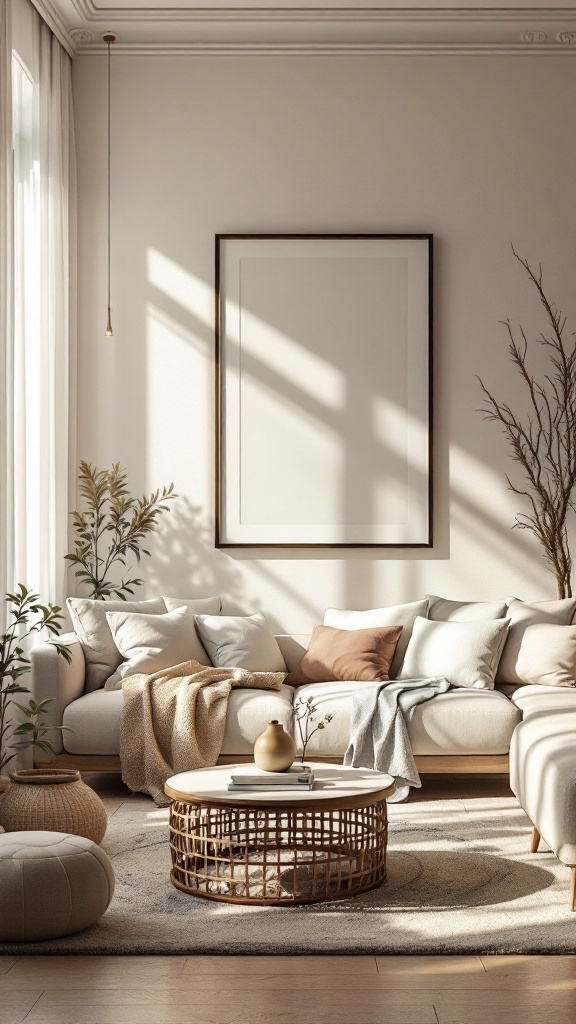 A cozy living room with neutral tones, comfortable furniture, and natural elements.