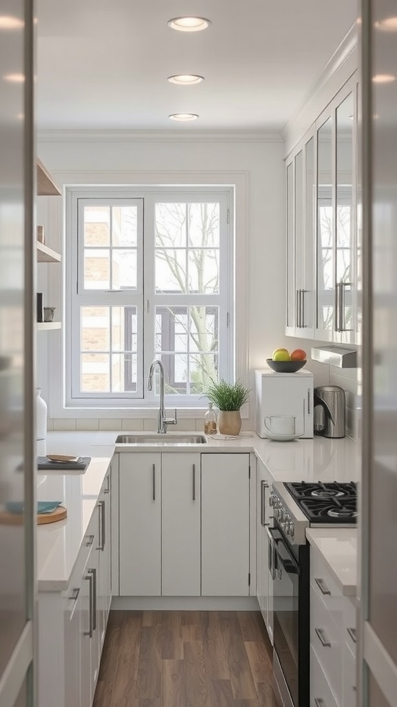 A small, modern kitchen with white cabinets and a window.