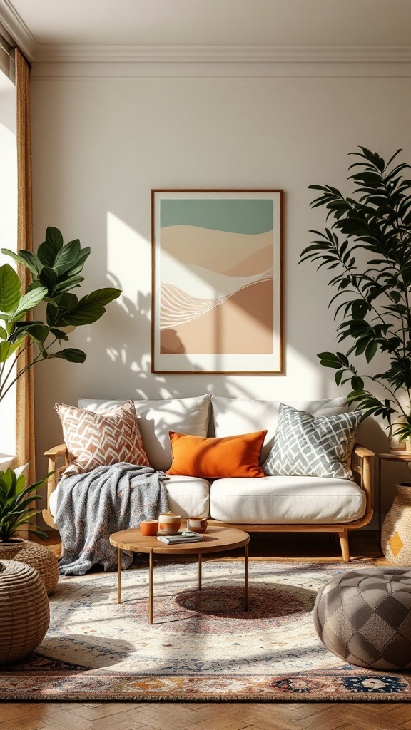 A cozy Parisian boho living room featuring earthy tones, soft cushions, plants, and warm sunlight