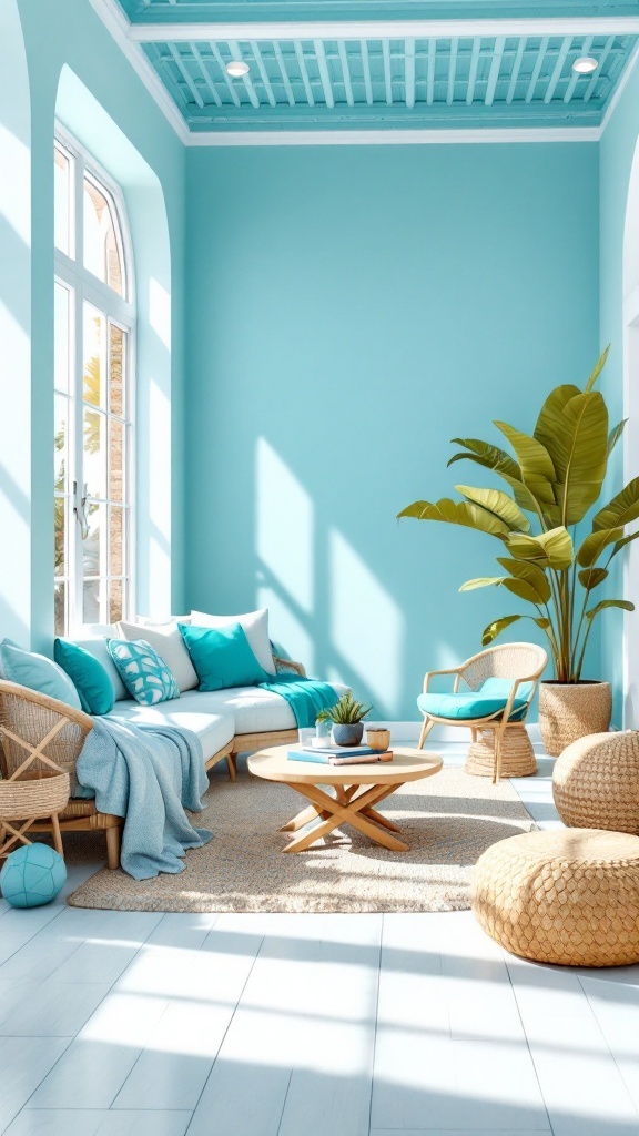 A bright coastal living room with turquoise walls and natural decor.