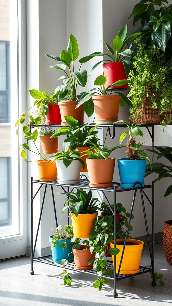 Colorful plant stands displaying various potted plants in a bright room