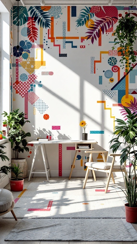 A bright room with colorful washi tape decor on the wall, complemented by indoor plants.