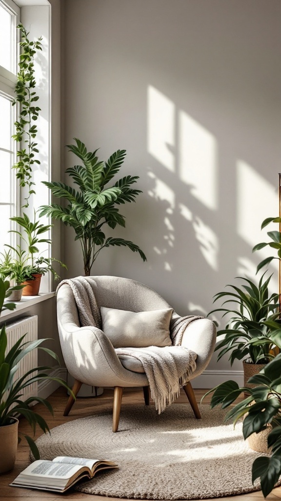 Cozy reading nook with a plush chair, plants, and a book.