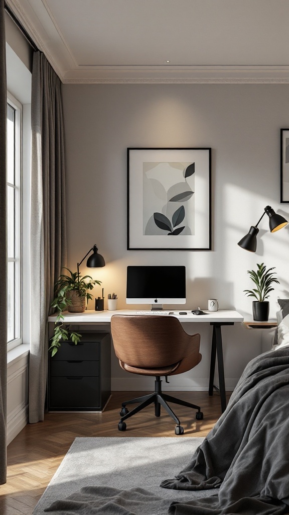 Compact workspace in a small bedroom with a desk, chair, and plants.