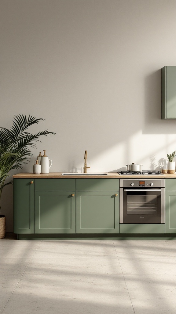 A contemporary kitchen featuring olive green cabinets, wooden countertops, and modern appliances.