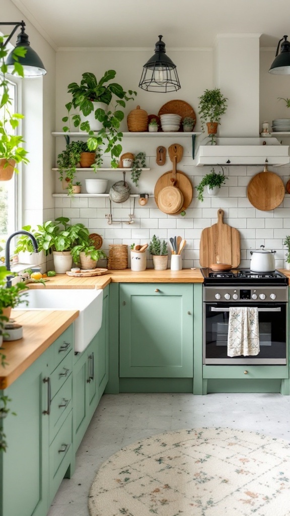 A cozy cottage-style kitchen featuring green cabinets, wooden accents, and various potted plants.