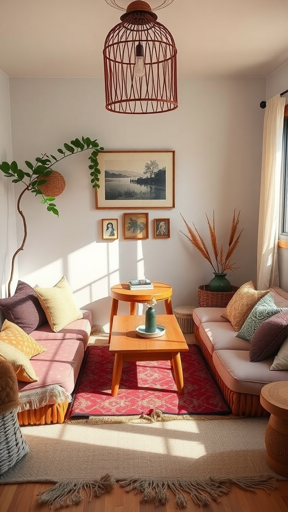 A cozy living room nook featuring floor cushions, a wooden table, and warm lighting.
