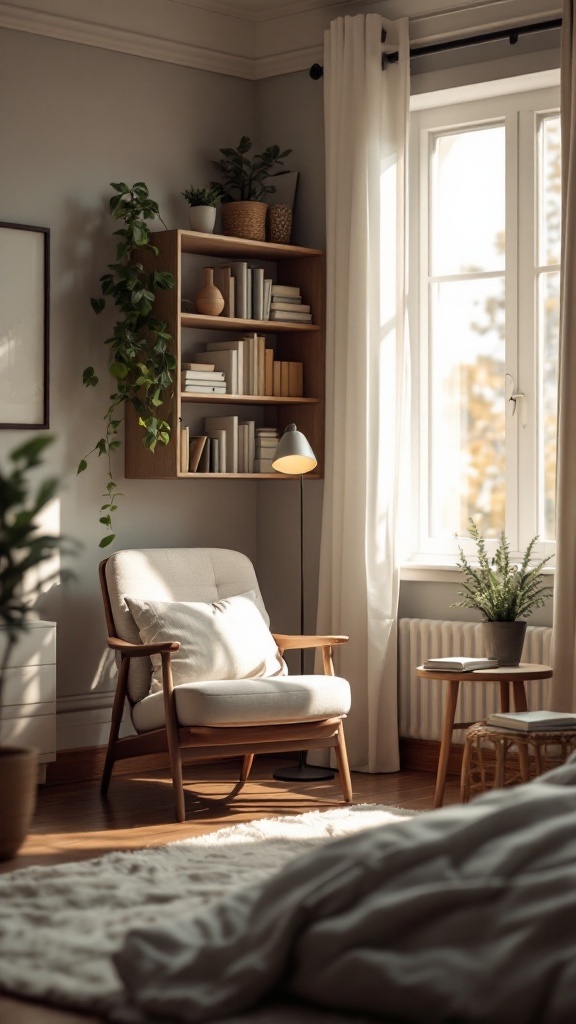 A cozy reading nook featuring a comfortable chair, a side table with a plant, and a bookshelf filled with books, illuminated by natural light.