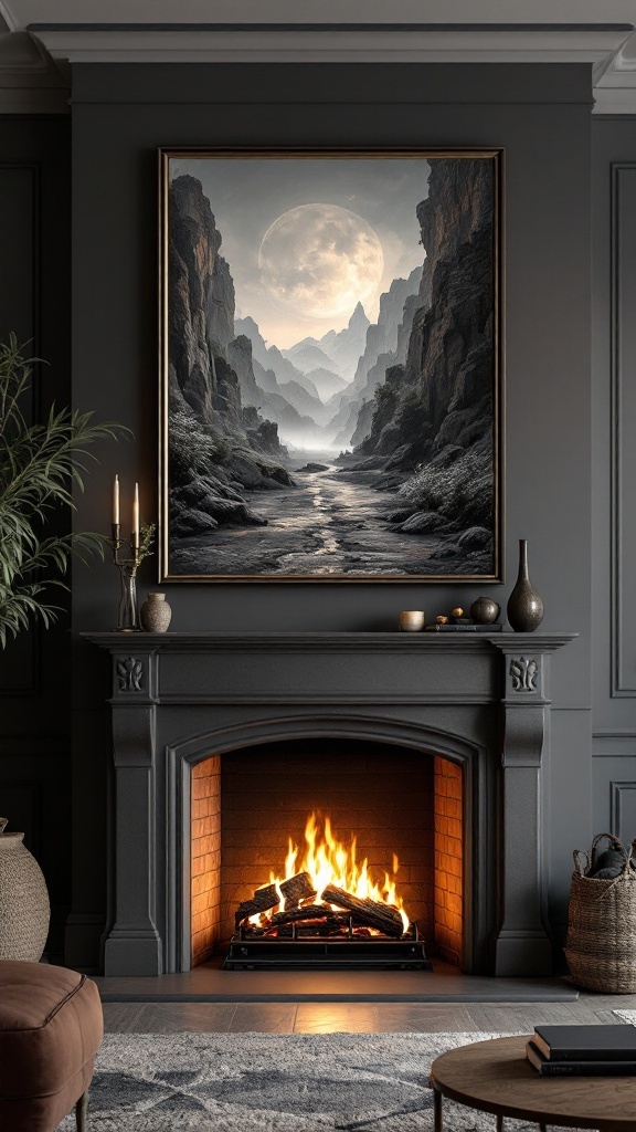 A cozy living room featuring a fireplace with a landscape painting above it.